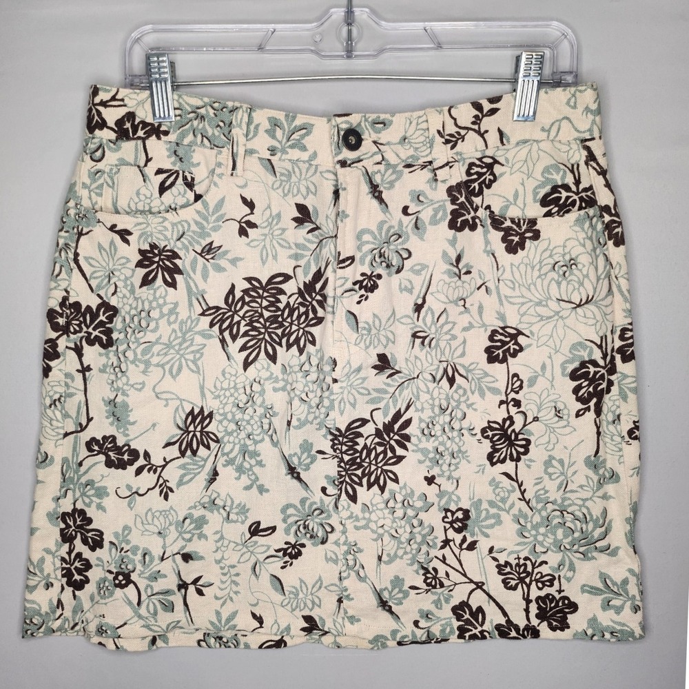 Nautica Jeans Company Womans Linen Skirt Size 8 Cream, Green and Brown Floral